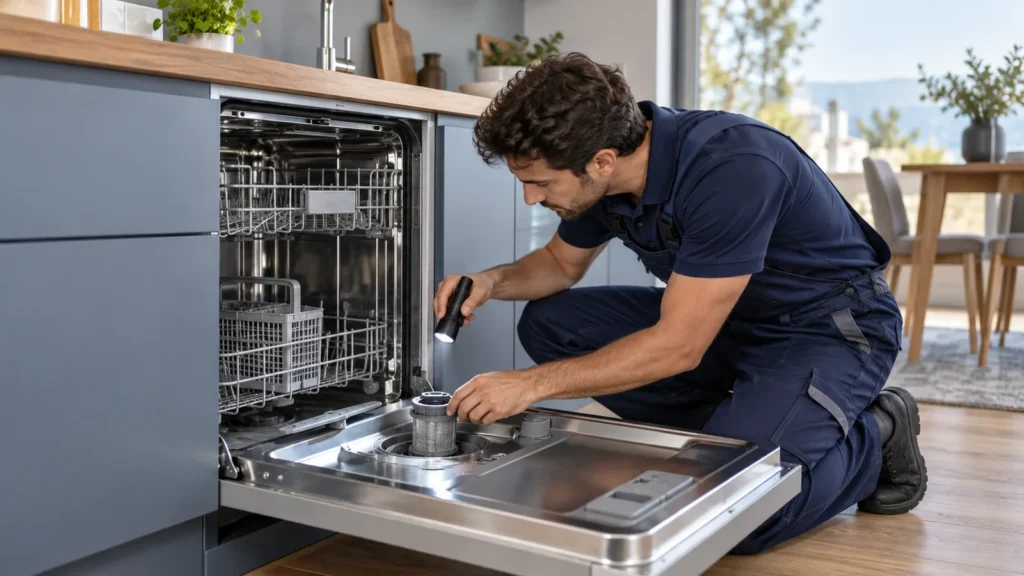 Bulaşık makinesinin alt bağlantılarını kontrol eden teknisyen